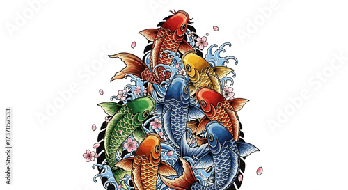 A vibrant arrangement of multi-colored koi fish swimming amid cherry blossoms and gentle waves