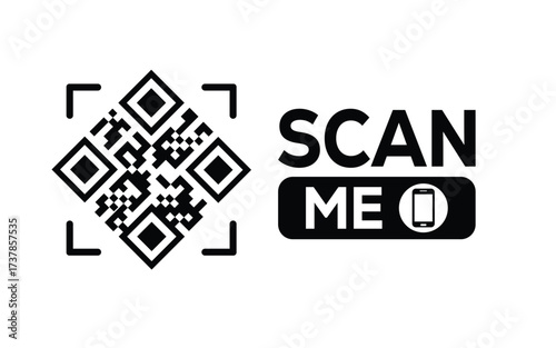 Minimalist black and white QR code label design with "SCAN ME" message, modern style, ideal for marketing, digital menus, business promotions, and mobile-based contactless solutions.	