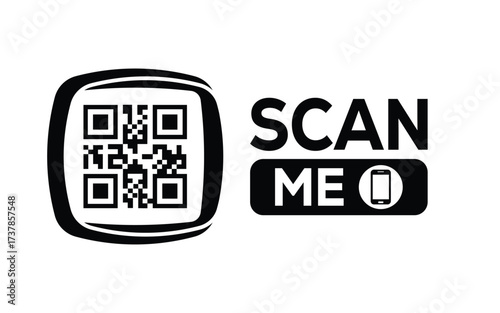 Minimalist black and white QR code label design with "SCAN ME" message, modern style, ideal for marketing, digital menus, business promotions, and mobile-based contactless solutions.	