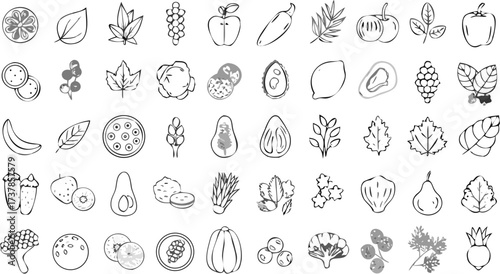 A variety of hand drawn fruits and vegetables are arranged in a grid pattern in black and white