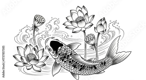 Elegant koi fish artwork featuring delicate lotus flowers and flowing water patterns