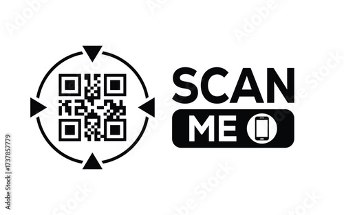 Minimalist black and white QR code label design with "SCAN ME" message, modern style, ideal for marketing, digital menus, business promotions, and mobile-based contactless solutions.	