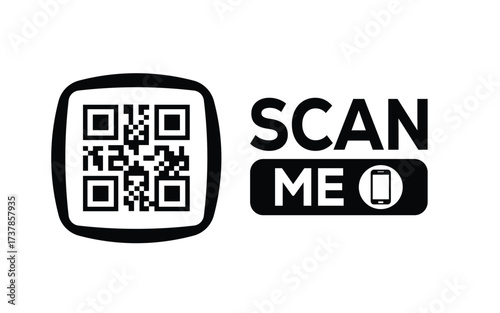 Minimalist black and white QR code label design with "SCAN ME" message, modern style, ideal for marketing, digital menus, business promotions, and mobile-based contactless solutions.	