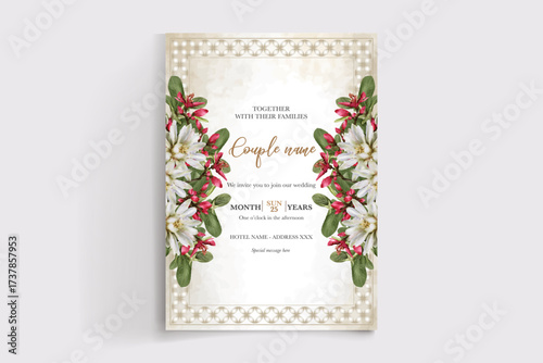WEDDING INVITATION FRAME WITH FLOWER DECORATIONS AND FRESH LEAVES