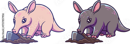 PrintCartoon aardvark illustration, cute exotic animal artwork, adorable digging aardvark character with stone and soil, colorful fantasy wildlife, vector nature design