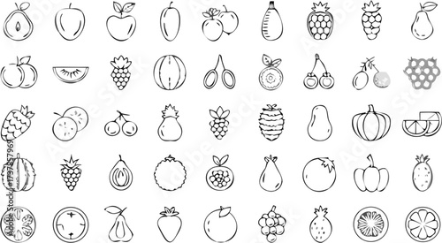 Illustration of various fruits including apples pears grapes and other exotic fruits in black and white