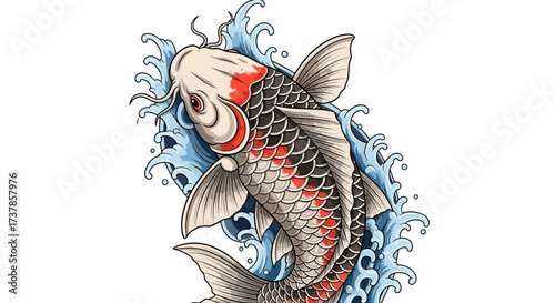 Illustrative depiction of a koi fish swimming amidst swirling blue waters on a white background
