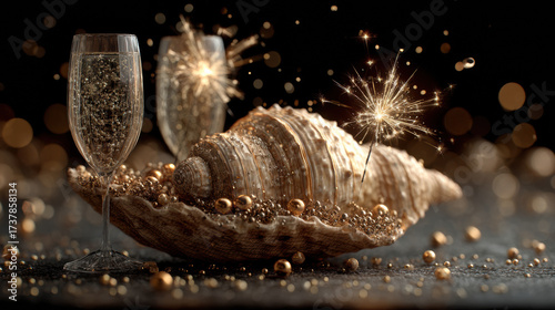 Sparkling seashell centerpiece with champagne glasses and festive sparklers creates celebratory atmosphere