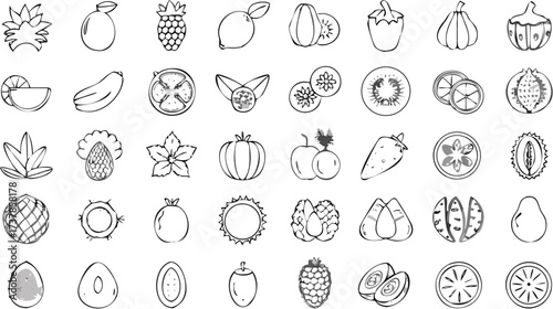 Illustration showing a variety of fruits and vegetables in black and white line art style on a white background