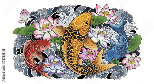 Elegant aquatic harmony: Koi fish gracefully intermingling among blooming lotus blossoms