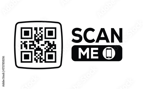 Minimalist black and white QR code label design with "SCAN ME" message, modern style, ideal for marketing, digital menus, business promotions, and mobile-based contactless solutions.	