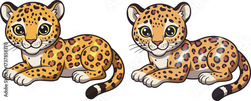 Cartoon cute leopard cubs lying down, adorable spotted wild cats illustration, jungle animal artwork, predator wildlife drawing, kids cartoon design print