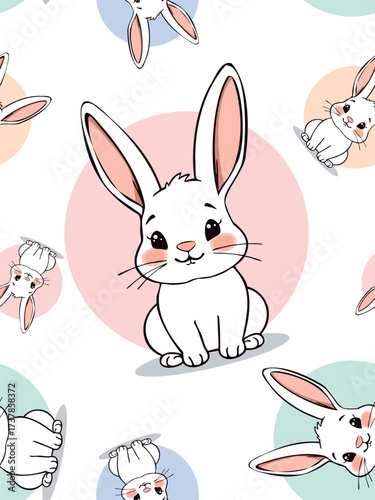 Seamless pattern with funny cartoon rabbits on white background