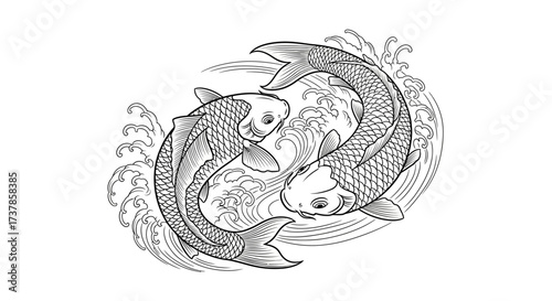 Elegant ink drawing displaying a pair of swimming koi fish with intricate water patterns creating