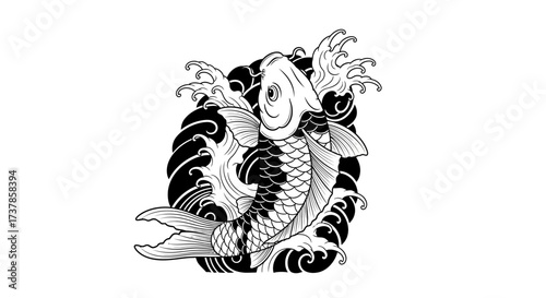 Monochromatic harmony: Stylized carp swims through swirling waves in a graphic design