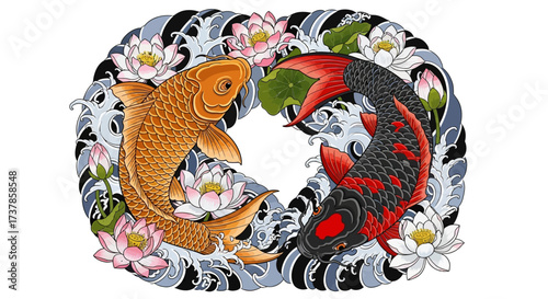 Harmony of koi carps with lotus flowers and waves, symbolizing balance in japanese art