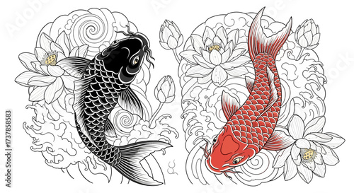 Detailed Koi Fish Illustration with Lotus Flowers and Elegant Wave Designs for Artistic Purposes
