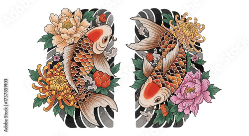 Artistic depiction of two koi fish with vibrant floral accents against a white backdrop