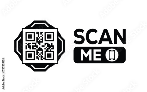 Minimalist black and white QR code label design with "SCAN ME" message, modern style, ideal for marketing, digital menus, business promotions, and mobile-based contactless solutions.	