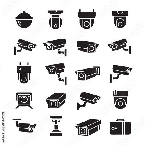 Surveillance camera vector set, black cctv icon collection, flat illustration.