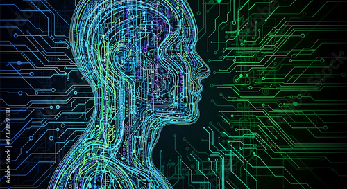 Vector of a Digital Human Profile Illustration with Circuitry in Blue and Green Futuristic Style