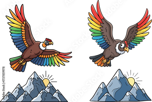 PrintColorful condors flying over mountains with sunrise, Andean bird artwork, wildlife illustration, majestic eagle drawing, South American Andes nature travel design