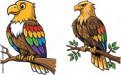 PrintColorful eagles perched on branches, cartoon bird illustration, majestic raptor artwork, wildlife drawing, tropical bird design, fantasy eagle character art