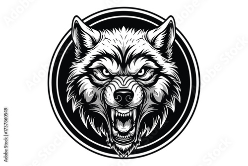 Vector art of a fierce wolf head illustration in a circle, showcasing its sharp teeth and intense gaze, perfect for logos, tattoos, or graphic designs