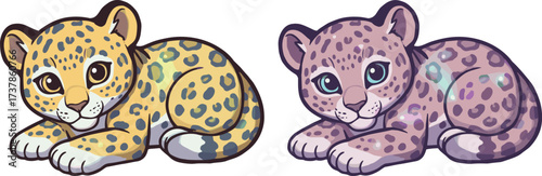 PrintCute cartoon baby leopards lying down, colorful leopard cubs illustration, wild animal drawing for kids, adorable wildlife art, fantasy jungle design