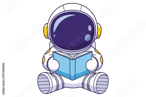 Vector art of an astronaut is sitting crosslegged and reading a book, the astronaut is wearing a white spacesuit with yellow accents and a large helmet