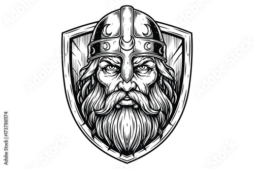 Illustration of a stern viking warrior with a detailed beard and helmet, set against a shield, perfect for historical or fantasy themes