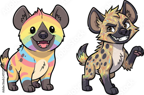 PrintCute cartoon hyena with rainbow colors, adorable spotted hyena illustration, playful wild animal character, colorful fantasy artwork, funny vector design drawing