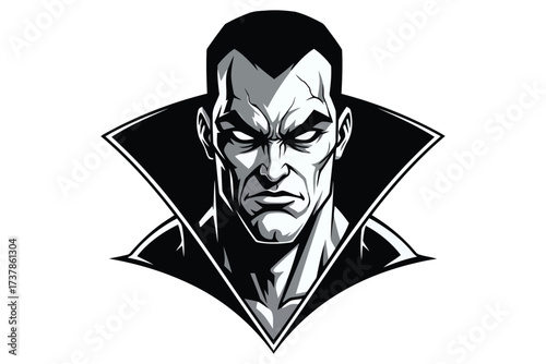 Illustration of a menacing vampire with sharp features and a dramatic collar, perfect for horror or gothic themes
