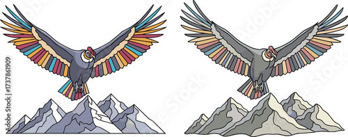 PrintMajestic condors flying over Andes mountains, colorful wings bird artwork, Andean condor illustration, wildlife drawing, South American nature travel design