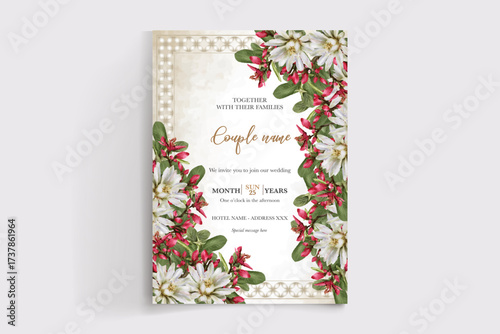 WEDDING INVITATION FRAME WITH FLOWER DECORATIONS AND FRESH LEAVES