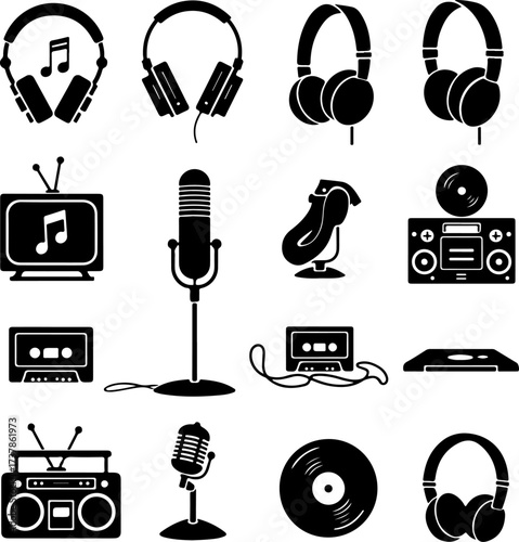 Retro and Modern Audio Music Equipment Silhouettes