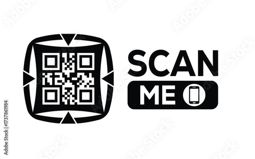 Minimalist black and white QR code icon with 'Scan Me' text on a clean background. Modern design for digital marketing, mobile app, and contactless interaction promotions.