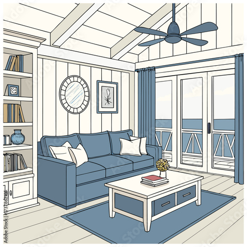 Line Art Drawing Detailed Sunroom Interior with Built-in Bookshelf and Ceiling Fan 