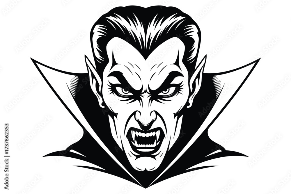 Obraz premium Vector art of creepy vampire portrait vector illustration of a sinister vampire with sharp fangs and piercing eyes, perfect for halloween or horror themes