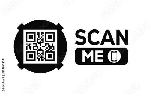 Minimalist black and white QR code icon with 'Scan Me' text on a clean background. Modern design for digital marketing, mobile app, and contactless interaction promotions.