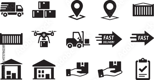 Logistics & Delivery Icons Set – 8–12 Black Silhouette Trucks, Cargo, Drones & Shipping Symbols for Vector & Digital Use