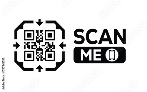 Minimalist black and white QR code icon with 'Scan Me' text on a clean background. Modern design for digital marketing, mobile app, and contactless interaction promotions.