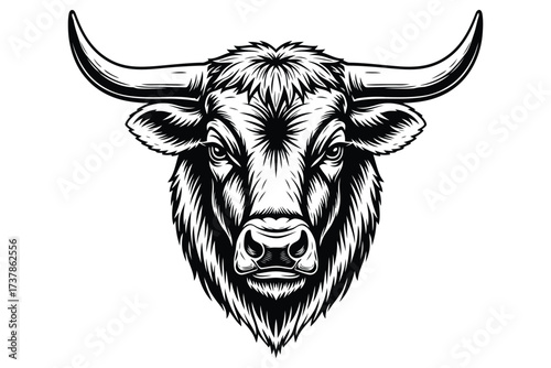 Vector art of a striking monochrome illustration of a bulls head, showcasing its powerful horns and intense gaze, the intricate details capture the animals strength and determination