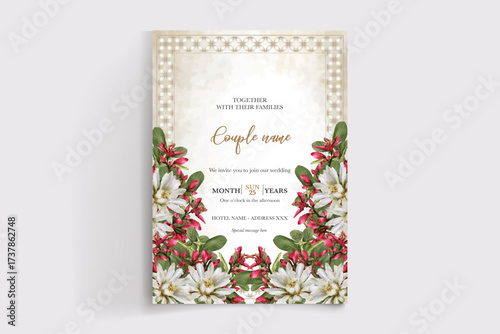 WEDDING INVITATION FRAME WITH FLOWER DECORATIONS AND FRESH LEAVES