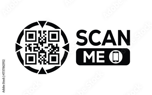 Minimalist black and white QR code icon with 'Scan Me' text on a clean background. Modern design for digital marketing, mobile app, and contactless interaction promotions.