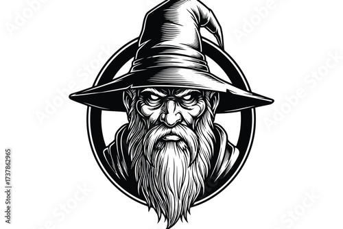 Vector art of wizard portrait, showcasing a wise old wizard with a long beard, wearing a pointed hat, and set within a circular frame, a classic fantasy image
