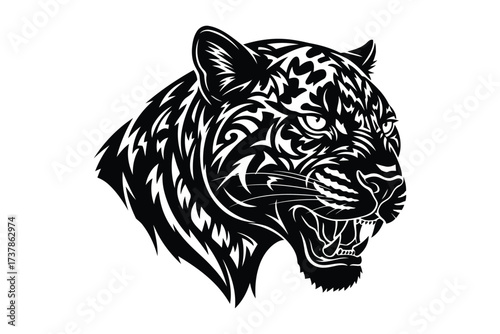 Vector art of jaguar head tattoo design, featuring a snarling jaguar with tribal patterns and bold lines, perfect for a striking and fierce tattoo