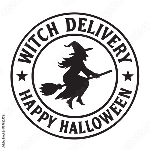 Witch delivery happy halloween emblem with silhouette of a flying witch