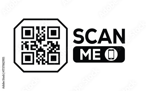Minimalist black and white QR code icon with 'Scan Me' text on a clean background. Modern design for digital marketing, mobile app, and contactless interaction promotions.