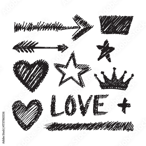Line icon cute element set. Doodle line color icon, decorative arrow, cloud, crown, sparkle and flower. Hand-drawn heart, love text, love humorous outline cartoon ribbon for kids—vector illustration.